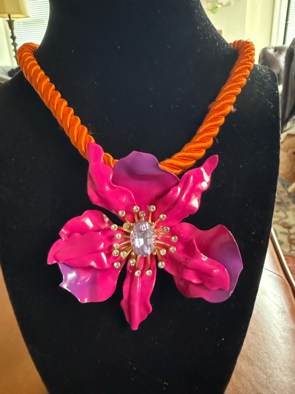 Betsey Johnson NWT Hot Pink Flower Pendant Necklace with Orange Cord